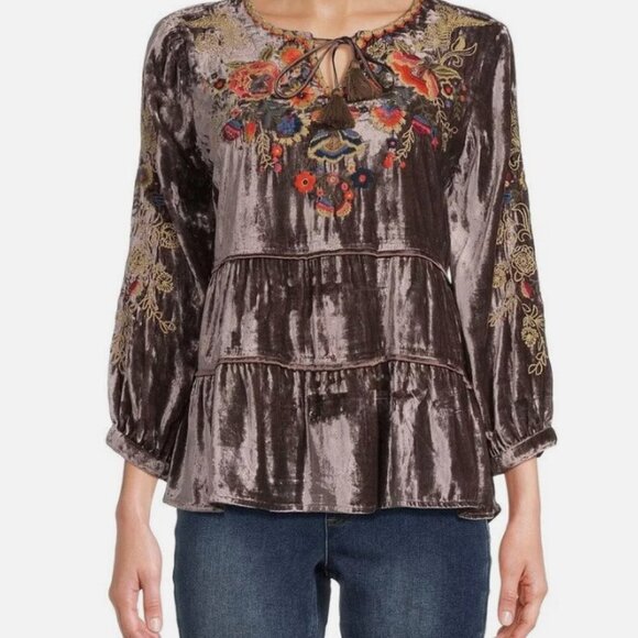 John Mark Mocha Coffee Embroidered Boho Brown Velvet Top Women's Medium NWT - Picture 1 of 9